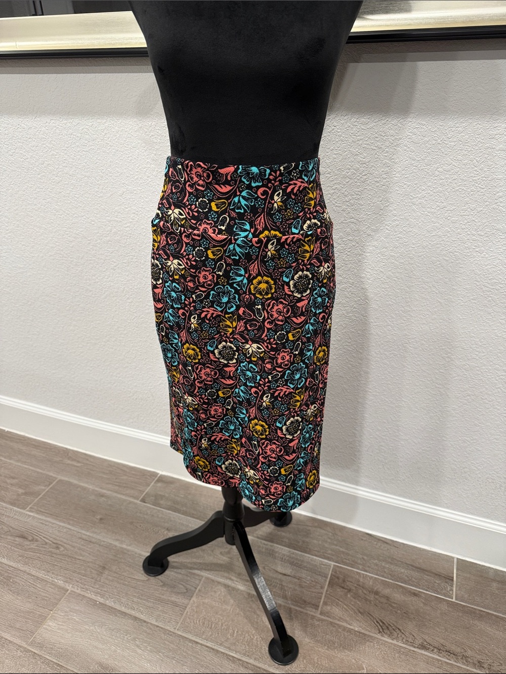 LuLaRoe Black Pencil Skirt with Pink, Teal & Yellow Floral Pattern